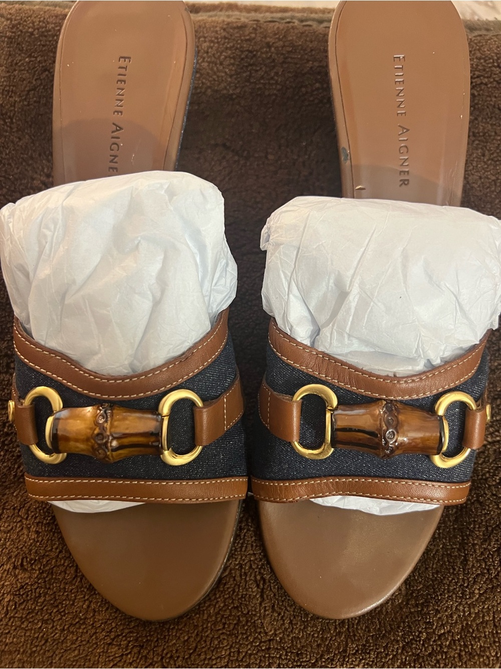 Etienne Aigner Brown Leather & Denim Bamboo-Accent Slide Sandals
